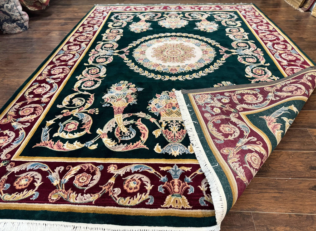 Aubusson Rug 9x12, Dark Green, European Design, Vintage Fine Handmade Carpet, Elegant - Jewel Rugs, view 13