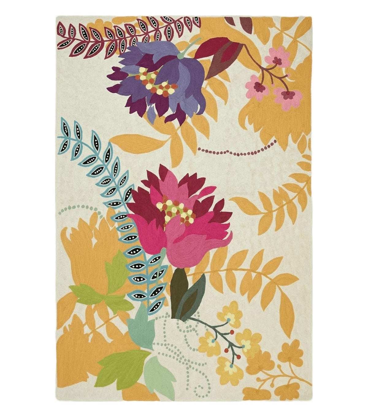 Indian Chain Stitched Rug 4x6, Hand Stitched Indian Embroidery Carpet, Large Floral Design, Contemporary, Cream and Colorful Flowers, Wool - Jewel Rugs