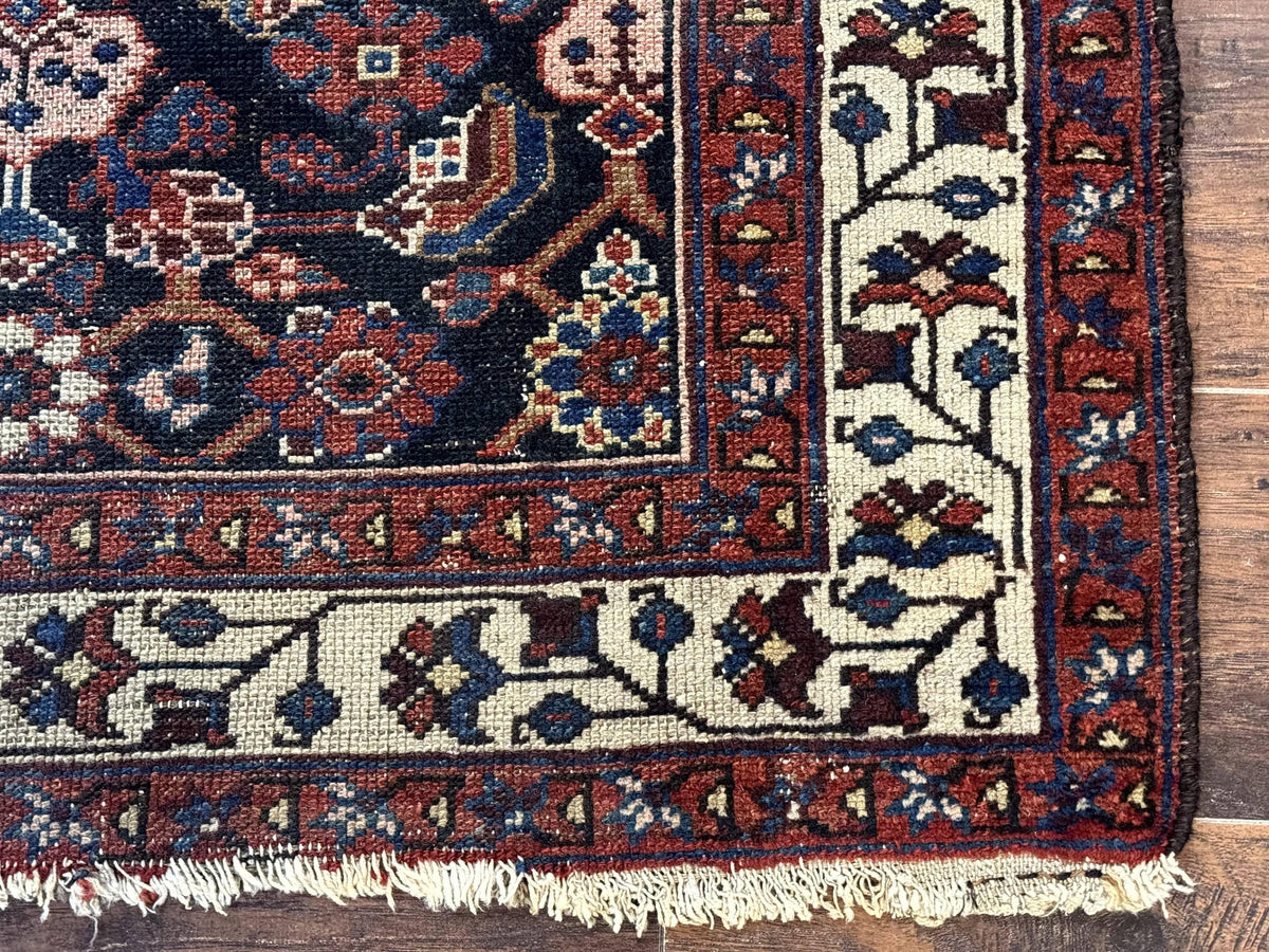 Navy Blue Antique Persian Rug 3x6, Blue and Ivory Persian Carpet, Handmade 1920s Hamadan Rug - Jewel Rugs, view 10