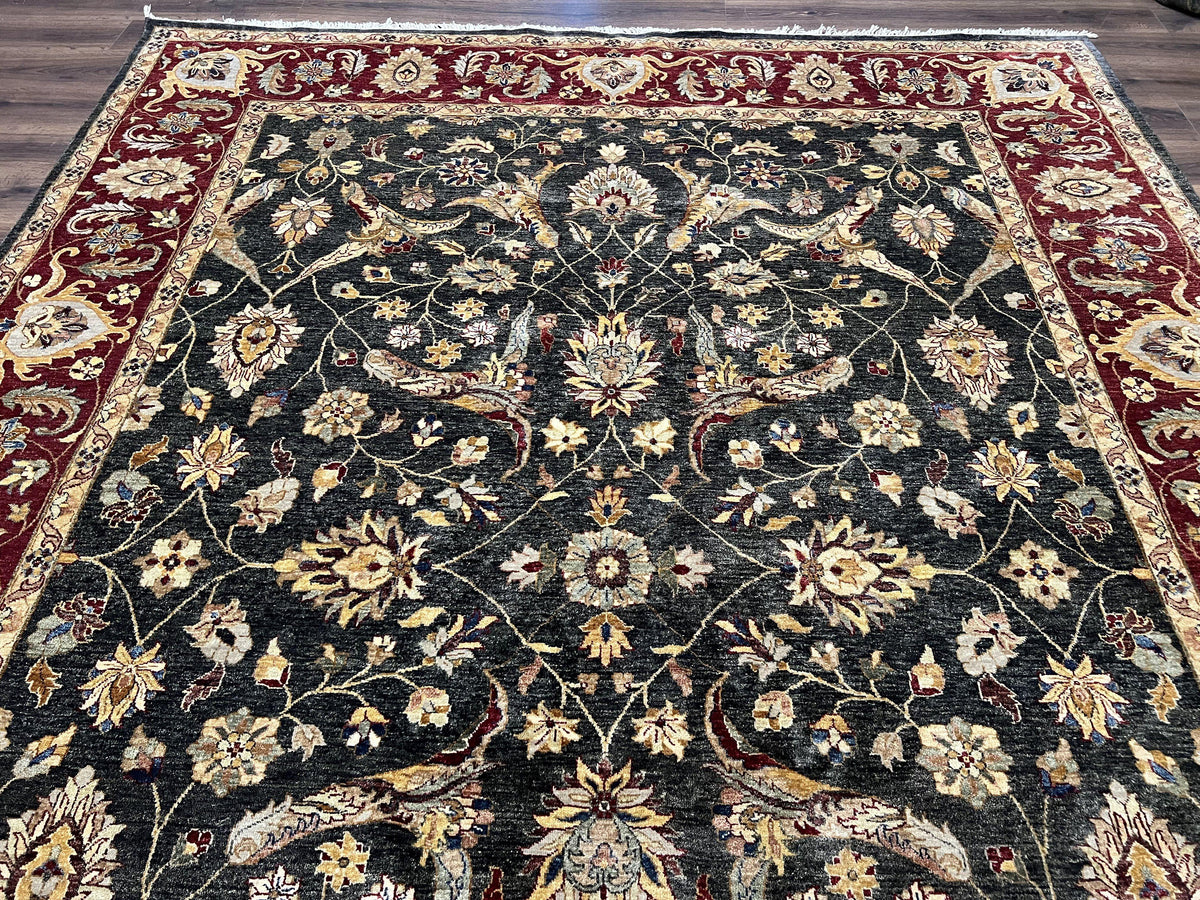 Pak Persian Mahal Rug 9x12, Allover Floral Pakistani Oriental Carpet 9 x 12, Wool Hand Knotted Area Rug, Dark Slate Gray-Black and Maroon - Jewel Rugs, view 12