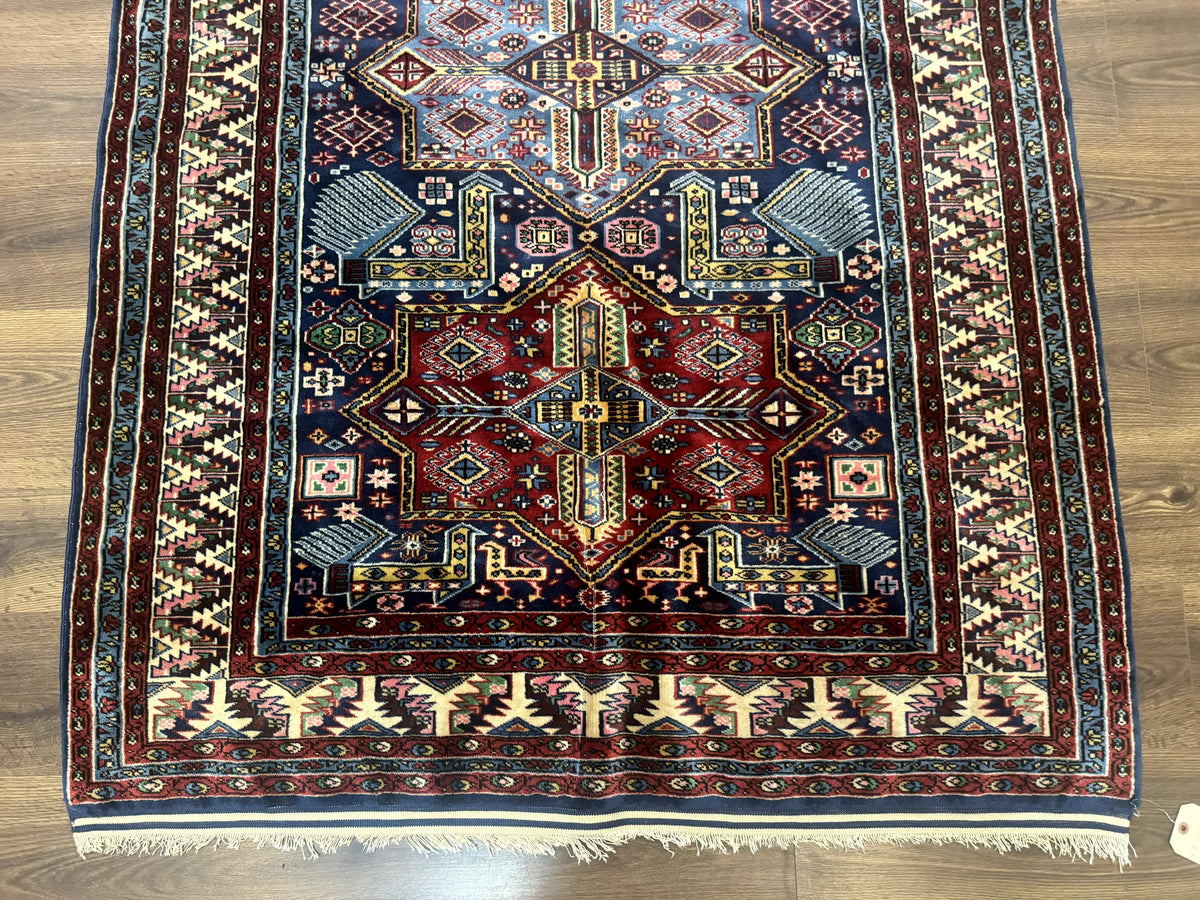 Indian Rug with Caucasian Design, 4x6 Geometric Carpet, Navy Blue and Cream - Jewel Rugs, view 6