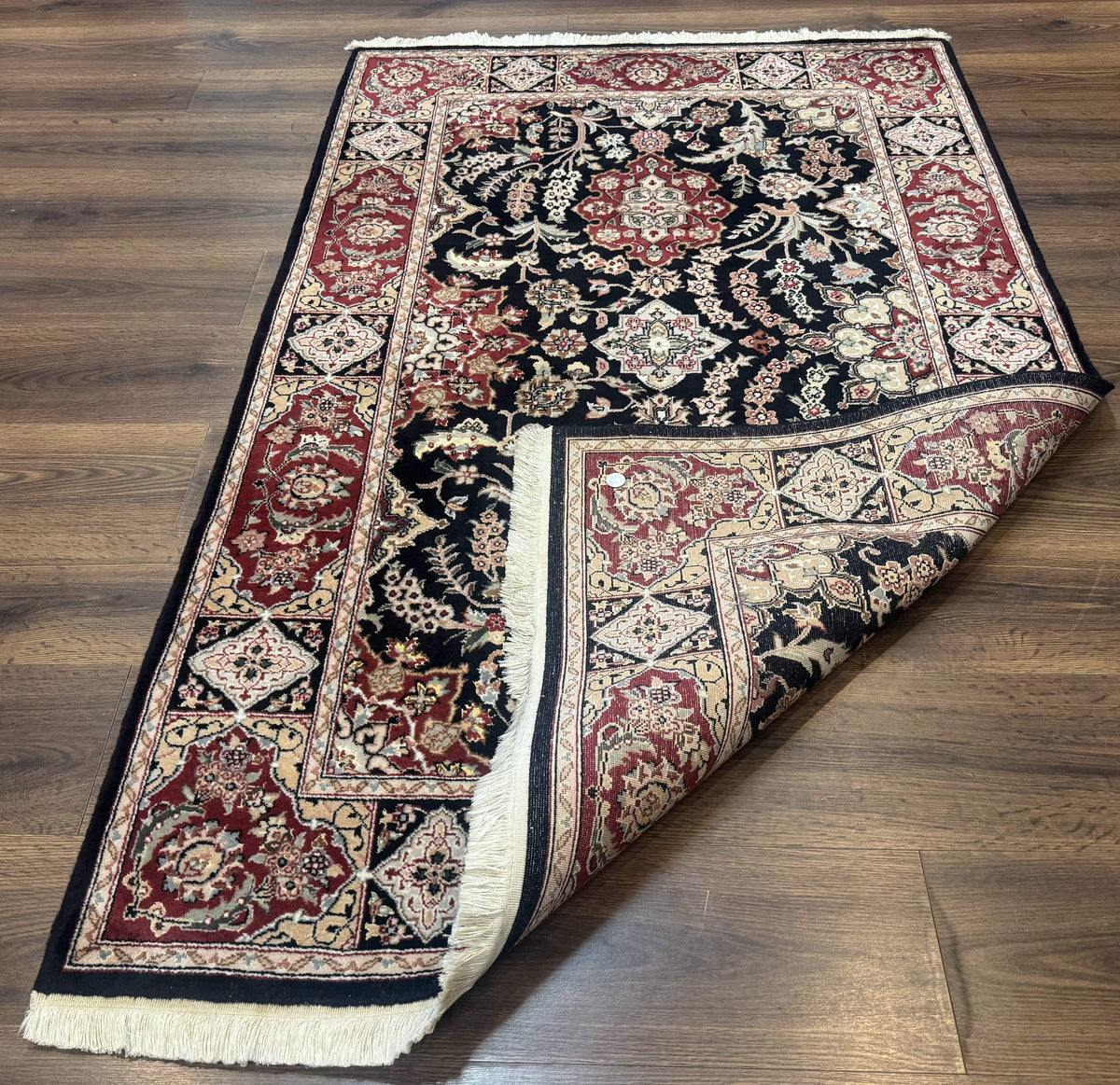 Pak Persian Rug 4x6, Black and Burgundy, Floral Allover, Wool and Silk - Jewel Rugs, view 12