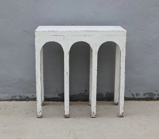 31" Long Ming Arch Console Table Distressed White Pre-order only