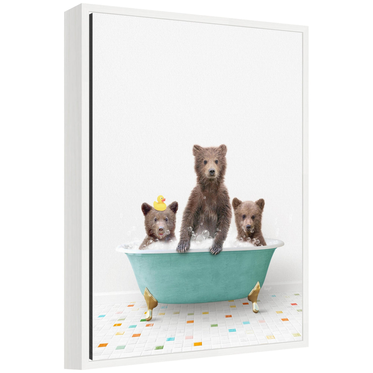 Sylvie Three Bear Cubs in Teal Bathtub on Colored Tile Framed Canvas by Amy Peterson