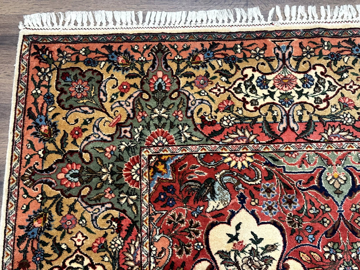 Antique Tabriz Persian Rug 7x10, Red Cream Tan, Unique Design, Fine 270 KPSI, Birds, Floral - Jewel Rugs, view 6