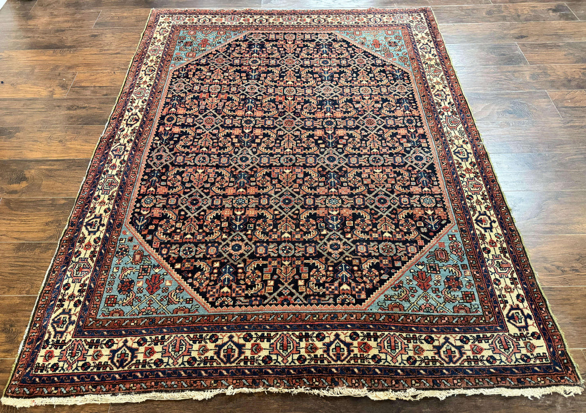 Antique Persian Rug 5 x 6.7, Navy Blue & Ivory, Handmade Persian Wool Carpet, Hamadan Angelas Rug - Jewel Rugs, view 2
