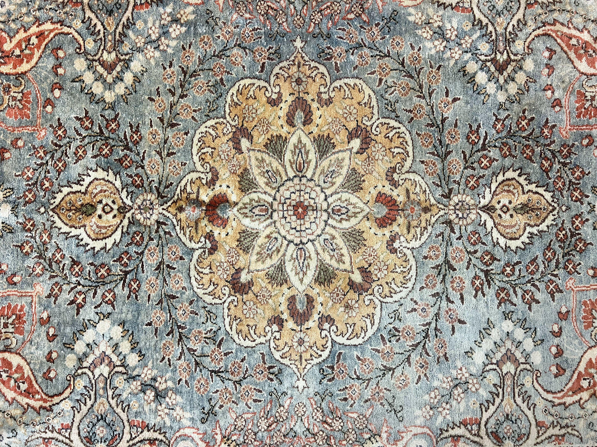 Silk Turkish Rug 5x7, Light Blue Silk Carpet, Floral Medallion, Turkish Kayseri Rug, Vintage Handmade Oriental Rug - Jewel Rugs, view 11