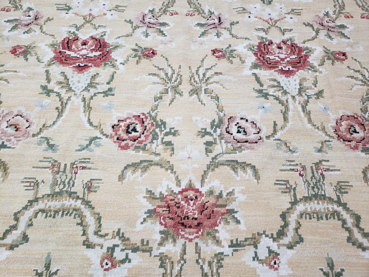 Needlepoint Rug 10x14 Wool Flatweave Carpet, English Floral Pattern, Pale Yellow, Roses, Allover Pattern, Handmade Large Needlepoint Nice - Jewel Rugs, view 5