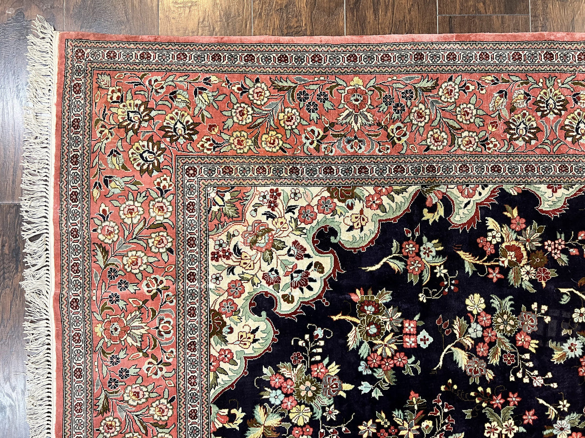 Stunning Silk Persian Qum Rug 7x9, Finely Hand Knotted Navy Blue & Salmon Floral Medallion Authentic Oriental Carpet, Vintage Handmade Silk Ghom Rug, Silk on Silk - Jewel Rugs, view 6