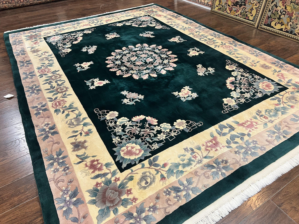 Chinese Art Deco Rug 9x12, Wool Hand Knotted Vintage Carpet, Dark Green & Cream, 90 Line Carving Rug - Jewel Rugs, view 13