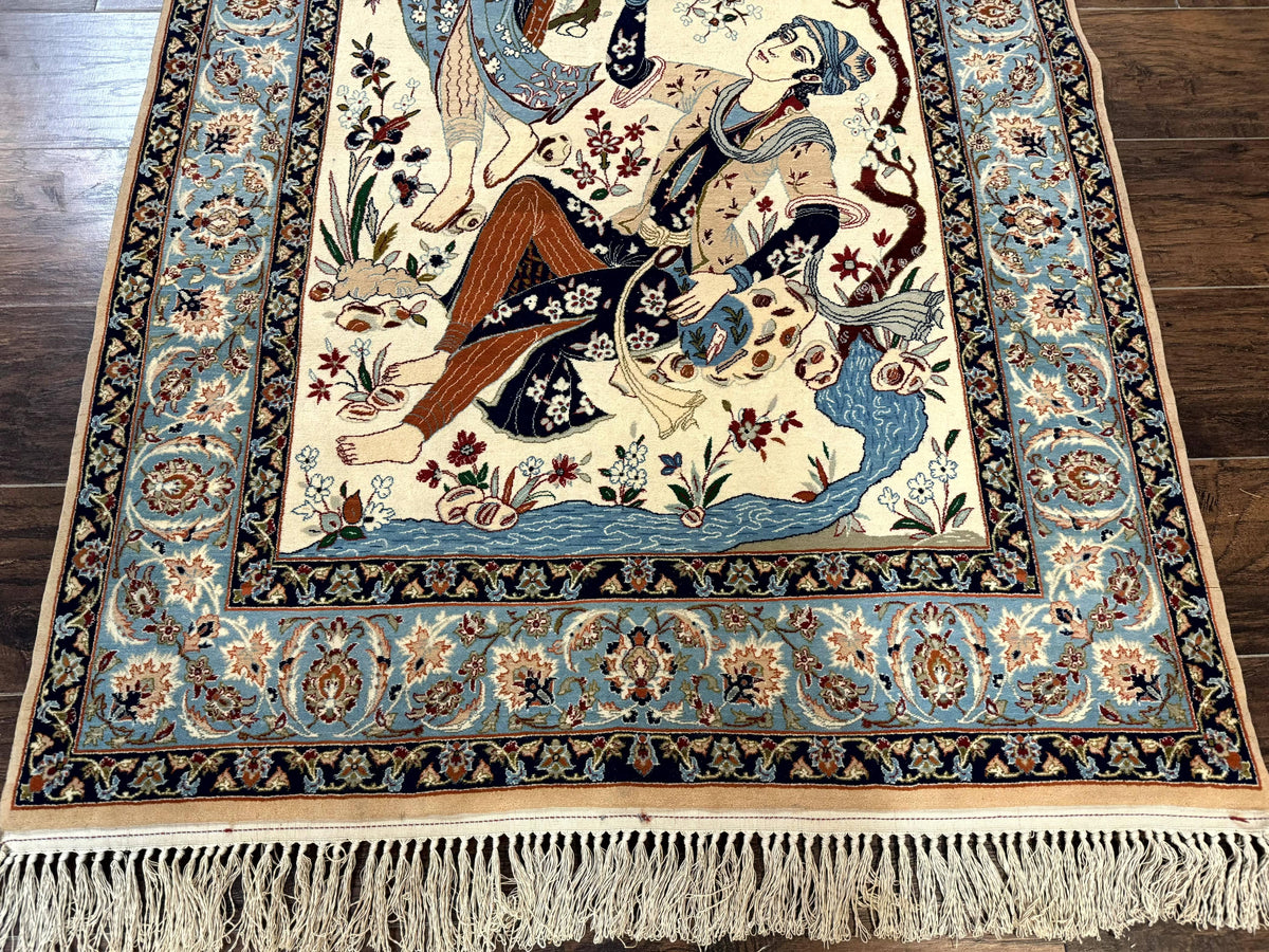 Persian Isfahan Pictorial Rug, Two Lovers, Kork Wool on Silk Foundation, Ivory and Light Blue, 500 KPSI Super Fine - Jewel Rugs, view 6
