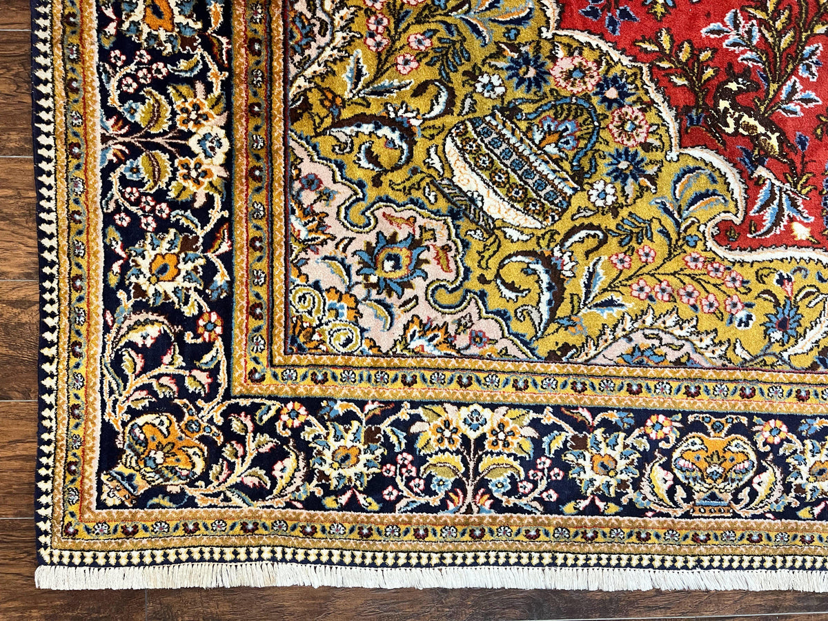 Wonderful Persian Qum Rug 10x14, Wool w/ Silk Highlights, Hand Knotted Semi Antique Vintage Carpet, Red, Floral, Fine Weave, Birds Deer Pictorials - Jewel Rugs, view 8