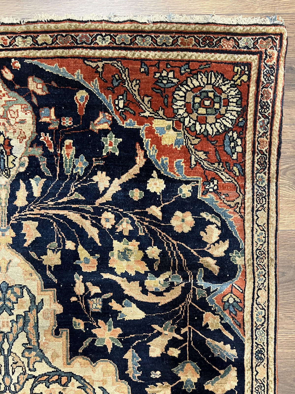 Antique Persian Rug 3.5 x 5, Sarouk Farahan Rug, High Quality 1920s Fine Oriental Carpet 3 x 5 ft, Large Medallion, Floral, Navy Blue Red, Hand Knotted Wool Rug - Jewel Rugs, view 7