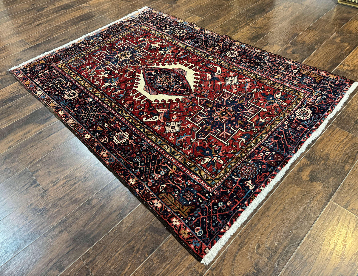 Persian Karajeh Rug 5x6, Antique Heriz Carpet, Geometric, Persian Tribal Rug, Brick Red Navy Blue - Jewel Rugs, view 13