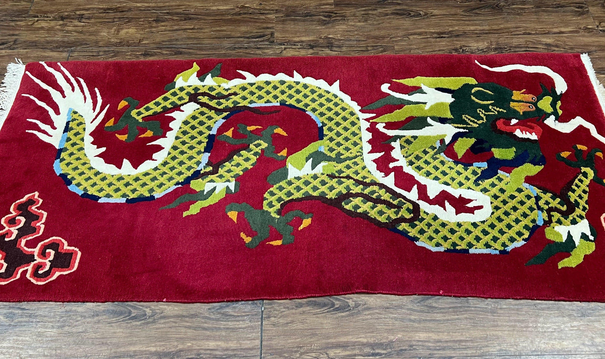 Vintage Chinese Dragon Rug 3 x 6.8, Handmade Hand Knotted Red Chinese Carpet with Gold Dragon, Art Deco Peking Soft Chinese Rug Runner - Jewel Rugs, view 3