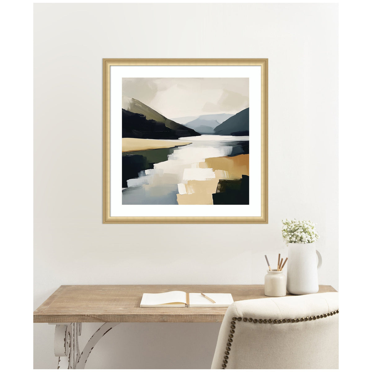 Framed Art Mountain Lake Modern Abstract Landscape by The Creative Bunch Studio