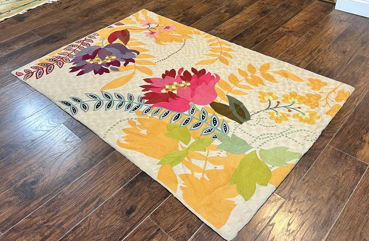 Indian Hand Stitched Rug 4x6, Floral, Silk, Large Floral Design - Jewel Rugs, view 3