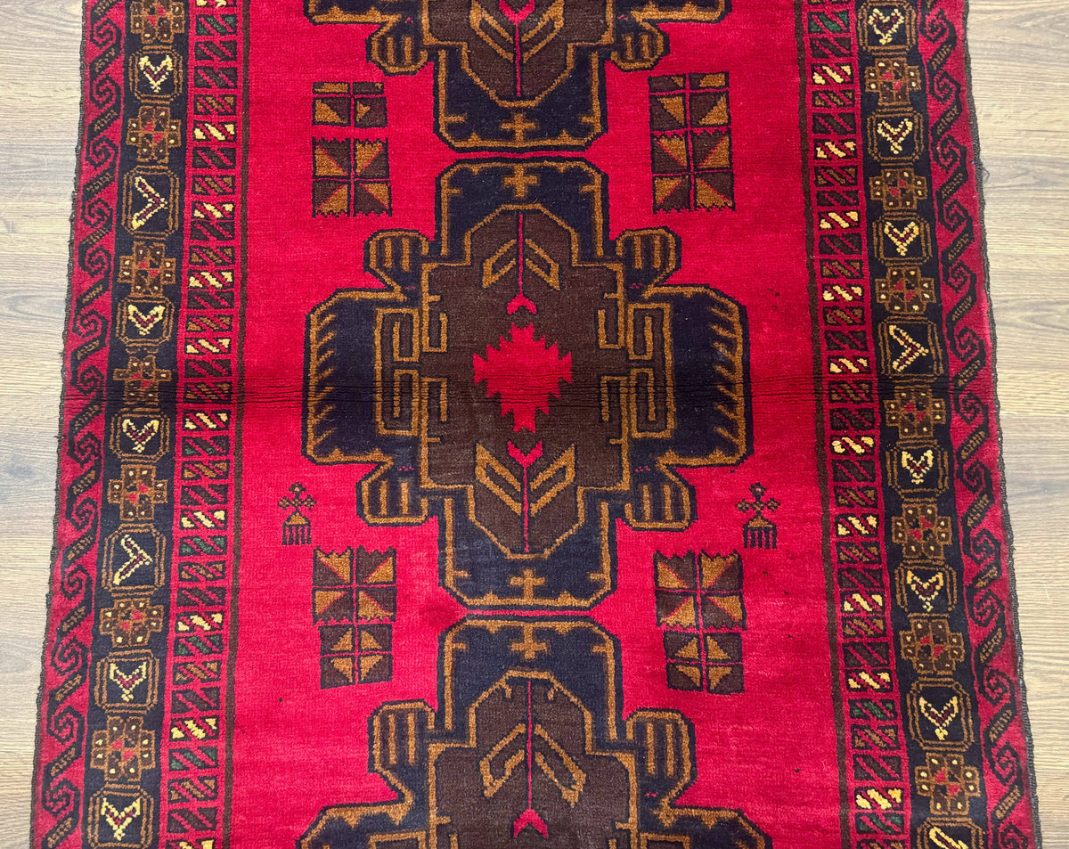 Red Afghan Balouch Rug 4x7, Triple Medallions, Handmade, New - Jewel Rugs, view 4