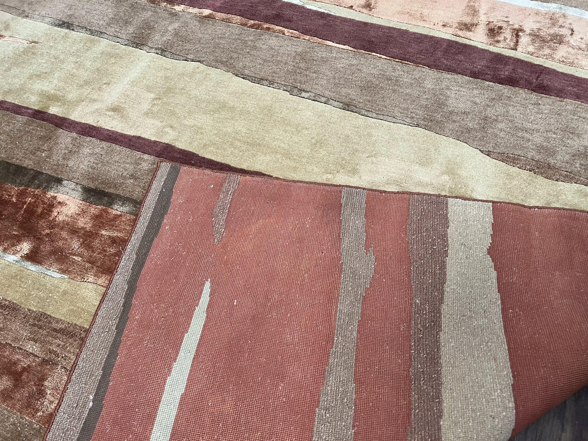 Modern Tibetan Rug 8x11 Nepali Carpet, Shiny Velvely Soft Wool and Silk, Contemporary Hand Knotted Rug, Striped Design, Wool Area Rug 8 x 11 - Jewel Rugs, view 12