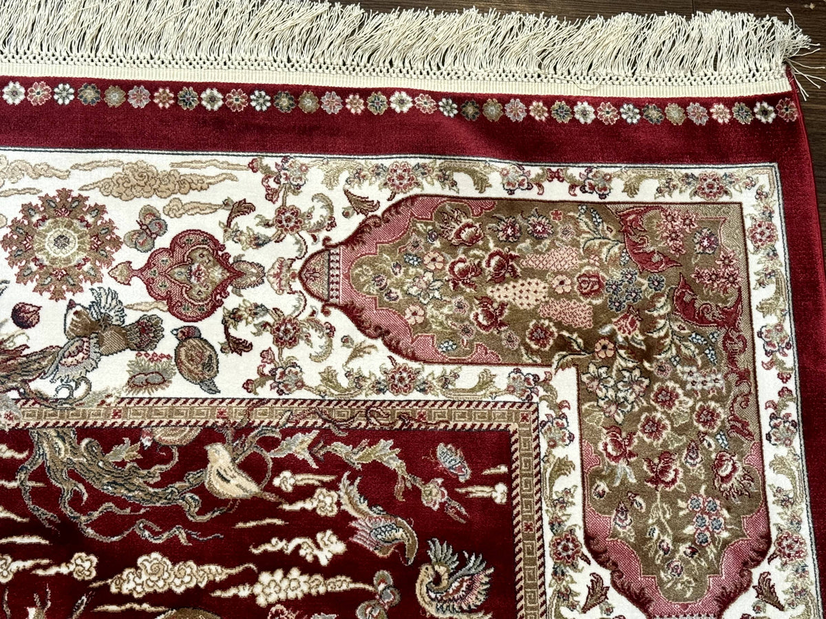 Turkish Silk Hunting Scene Rug 5 x 7.6, Red & Ivory, Bamboo Silk, New - Jewel Rugs, view 7