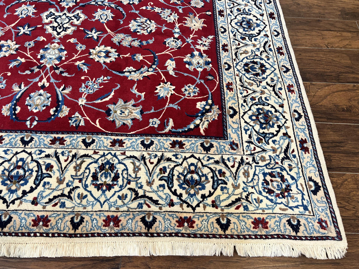 Persian Nain Rug 6x10, Wool and Silk Highlights, Red and Ivory, Floral Medallion, Vintage Handmade Hand Knotted, Fine 225 KPSI, Traditional Rug - Jewel Rugs, view 9