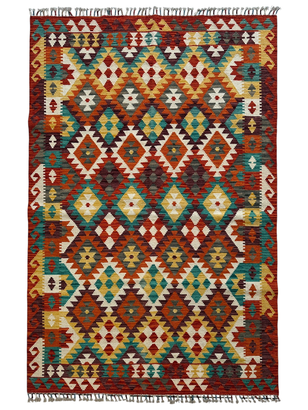 Afghan Kilim Rug 4x7 | Rust, Ivory & Teal | Hand-Woven Wool Flatweave - Rugistan