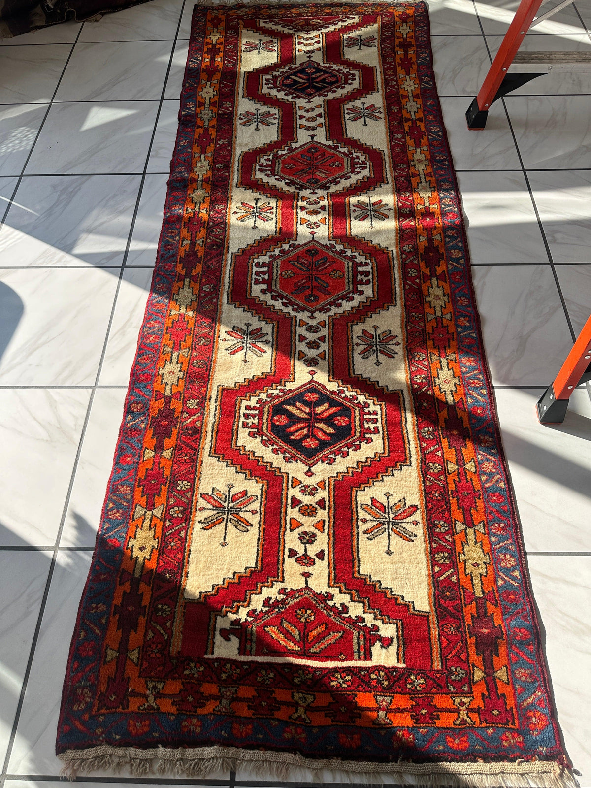 Vintage Persian Runner 4x10 | Ivory, Red & Burgundy | Hand-Knotted Wool - Rugistan, view 3