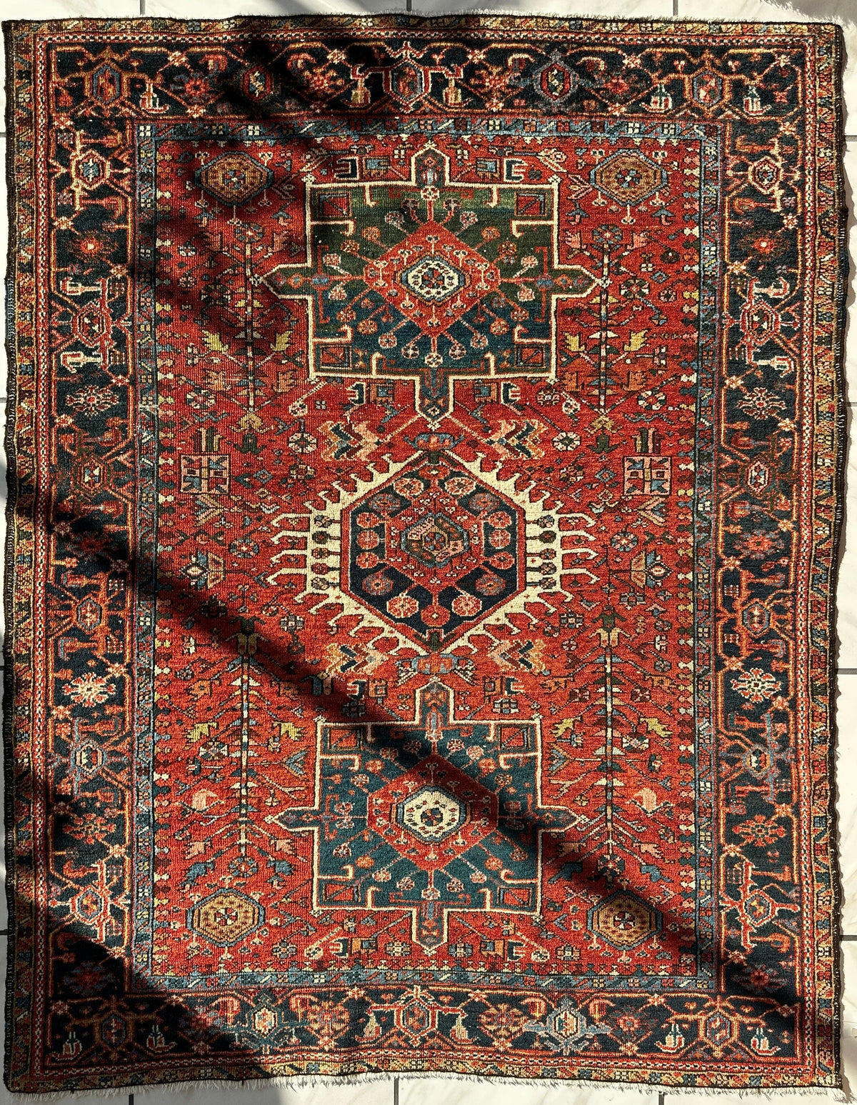 Antique Persian Heriz Rug 5x6 | Rust, Navy & Ivory | Hand-Knotted Wool - Rugistan, view 3