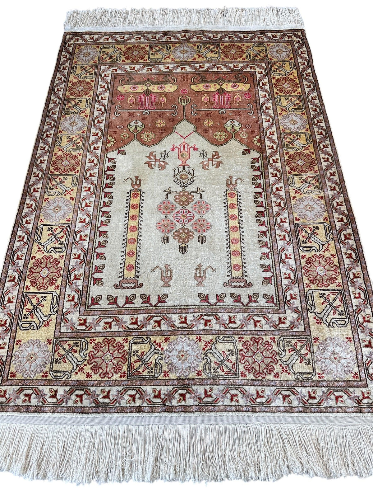 Vintage Turkish Kayseri Rug 2x3 | Ivory, Rust & Brown | Hand-Knotted Silk - Rugistan, view 2