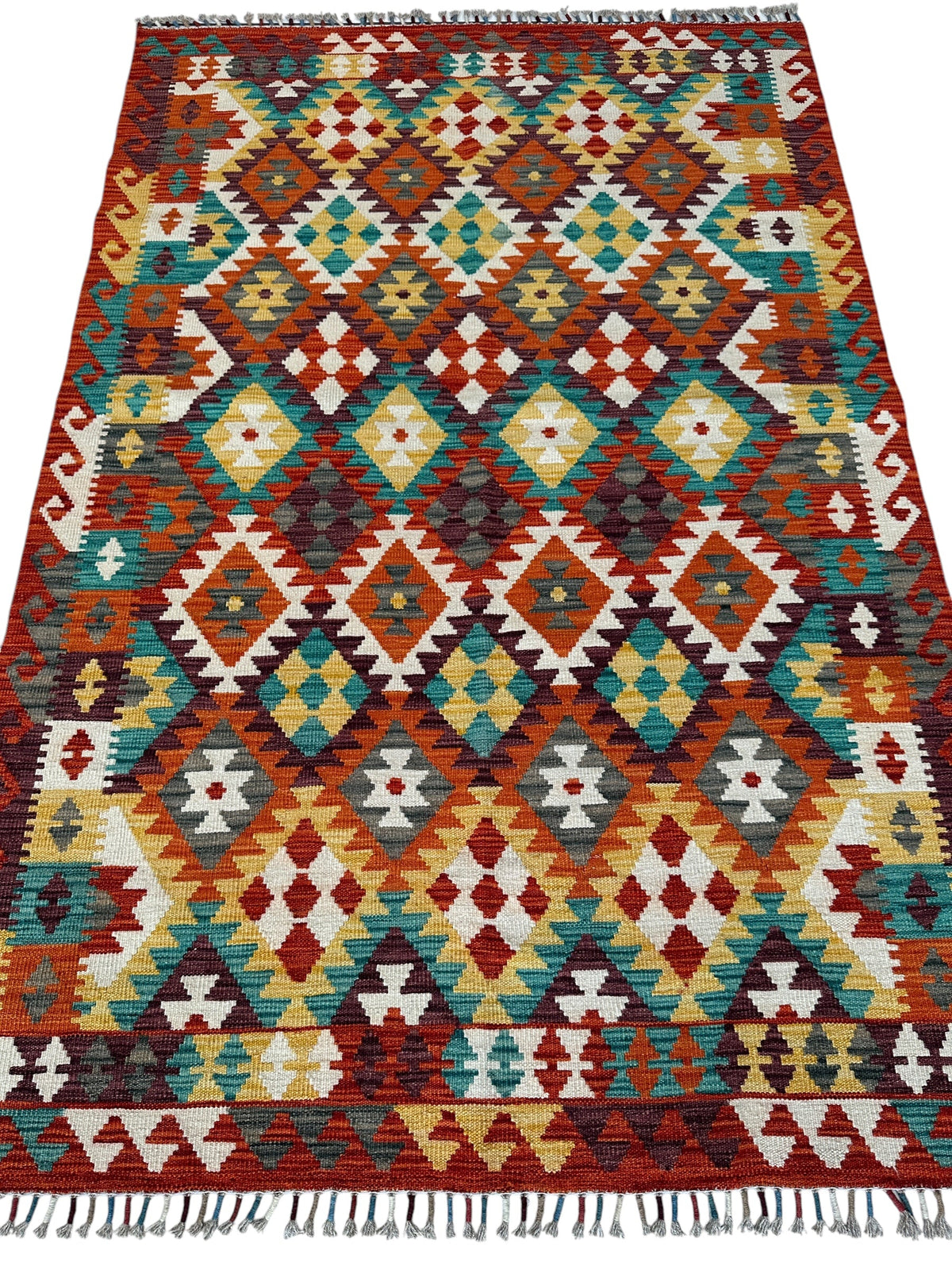 Afghan Kilim Rug 4x7 | Rust, Ivory & Teal | Hand-Woven Wool Flatweave - Rugistan, view 2