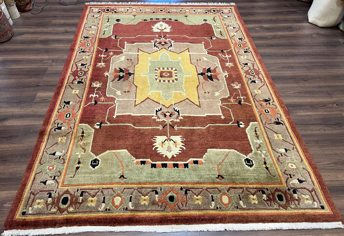Tibetan Rug 7x10, Geometric Medallion, Red Green Taupe, Hand Knotted, Soft Wool Area Rug, Contemporary Carpet, Handmade Nepali Rug 7 x 10 ft - Jewel Rugs, view 2