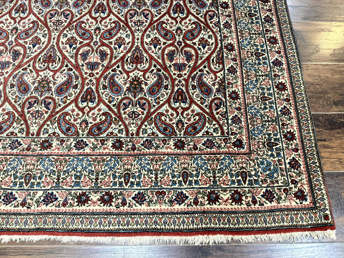 Unique Persian Qum Rug 5x7, Repeated Paisely Boteh Design, Ivory Red Blue, Handmade Antique Wool Persian Carpet, Finely Hand Knotted - Jewel Rugs, view 10