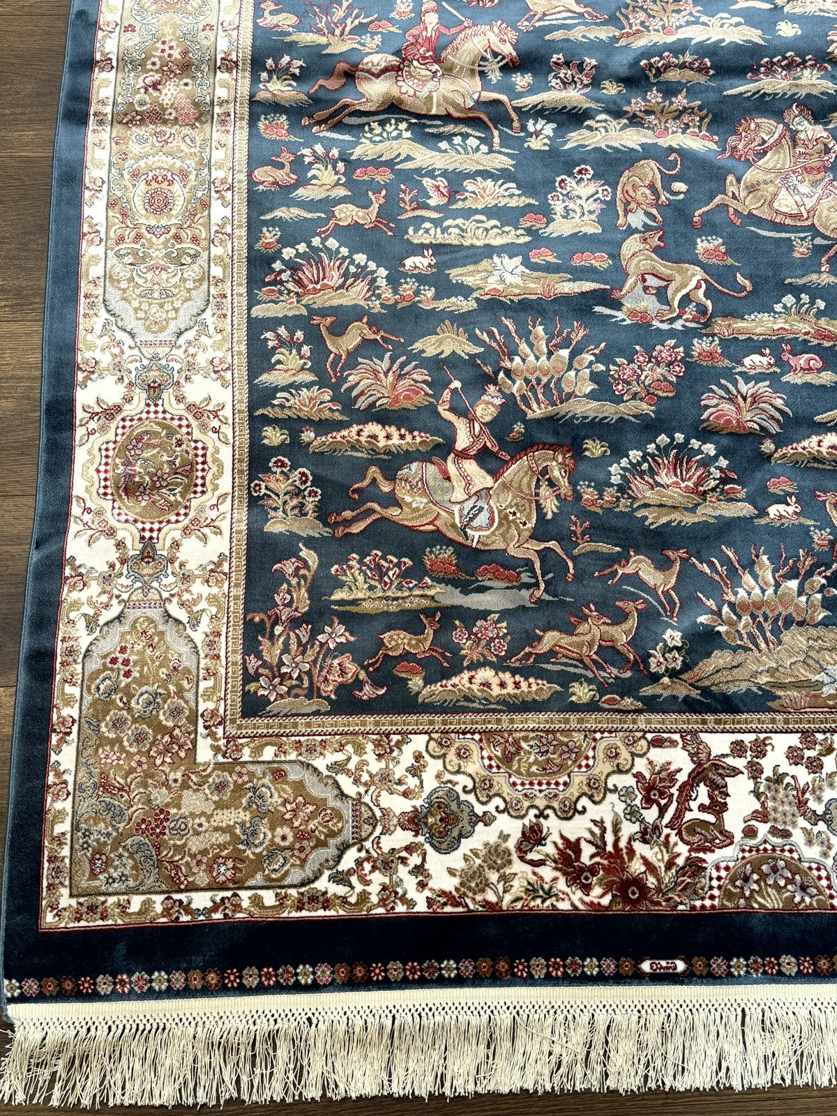 Turkish Silk Hunting Design Rug 4x6, Dark Steel Blue & Ivory, Bamboo Silk, New - Jewel Rugs, view 8