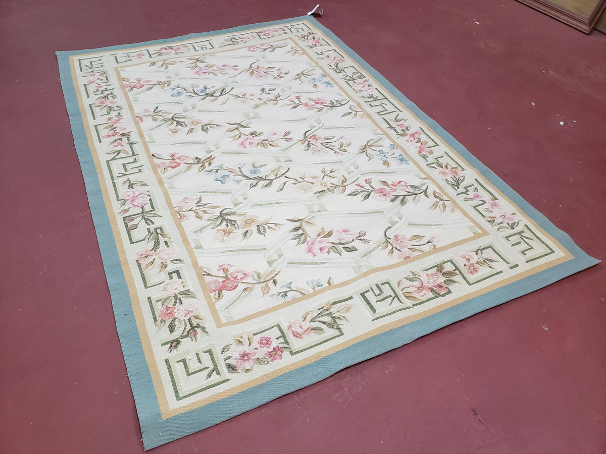 Vintage Aubusson Area Rug, Aubusson Flat weave Carpet, Floral Geometric Pattern, Beige Teal Green, 4x6 Rug, European Design - Jewel Rugs, view 2
