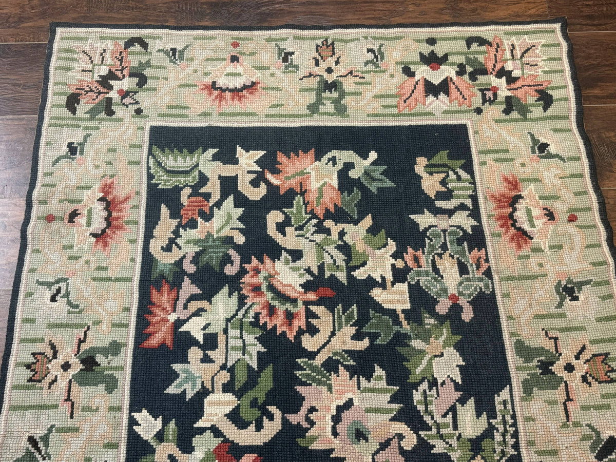 Vintage American Needlepoint Rug 4x6, Dark Green, Wool, Handmade, Flatweave Carpet - Jewel Rugs, view 4