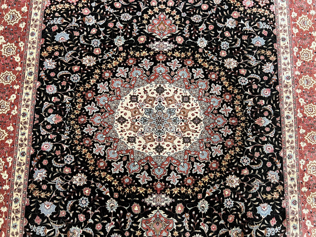 Marvelous Persian Tabriz Rug 7x10 ft, Super Fine 50 Raj, 300+ KPSI, Black and Rust Red, Floral Medallion Handmade Wool Oriental Carpet, Top Quality - Jewel Rugs, view 7