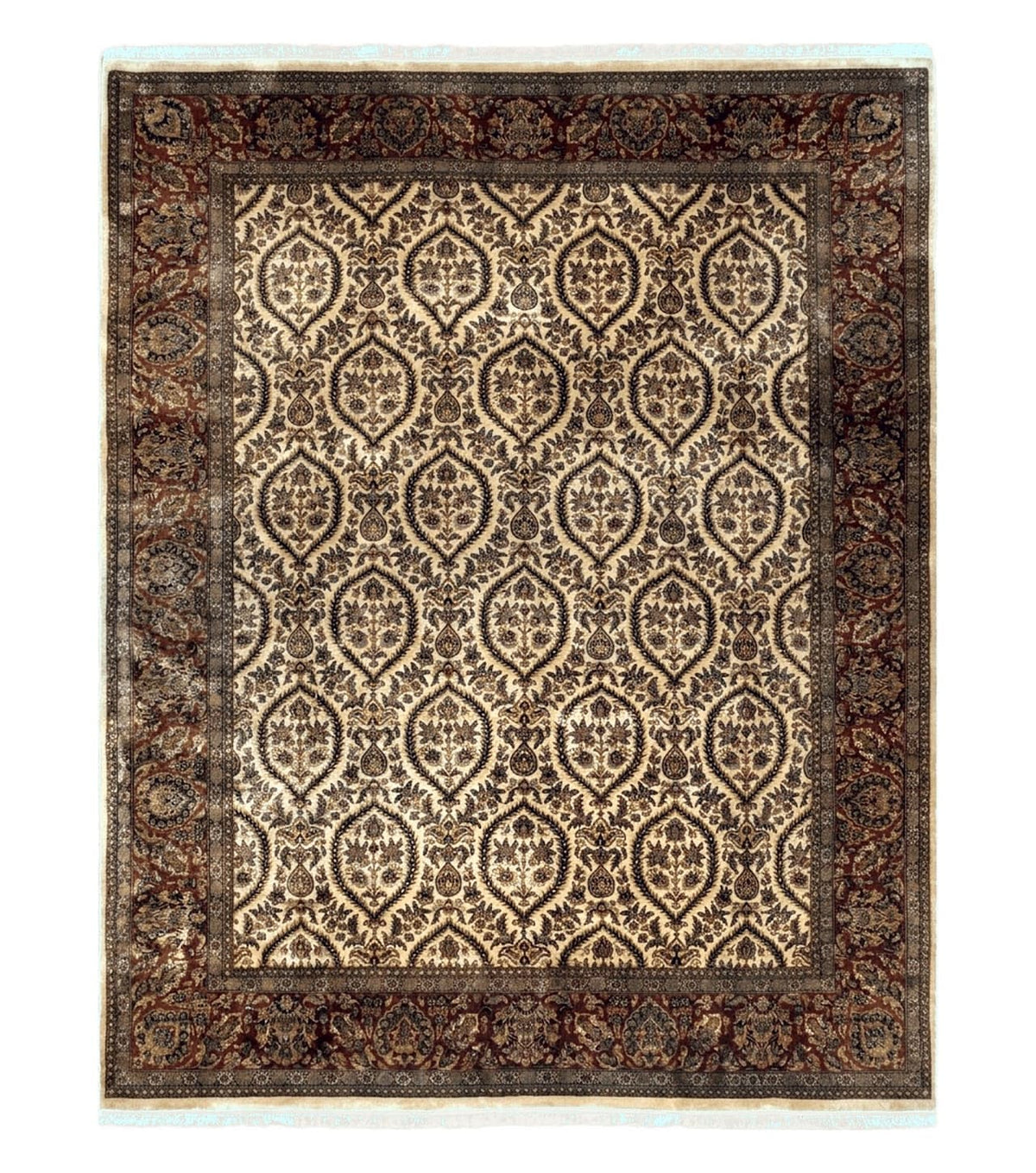Vintage Indo Persian Area Rug 9x12, Wool Hand-Knotted Ivory & Dark Red Oriental Carpet, Fine Weave 9 x 12 Indian Rug, Dining Room Rug - Jewel Rugs