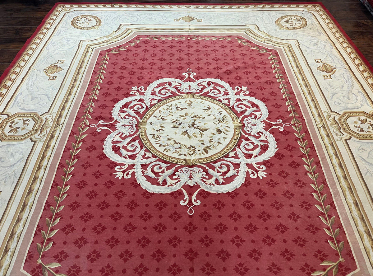 Aubusson Rug 9x12 ft, Red and Ivory Elegant Aubusson Carpet, Flatweave, Vintage Wool Handmade Area Rug 9 x 12, French European Design - Jewel Rugs, view 12