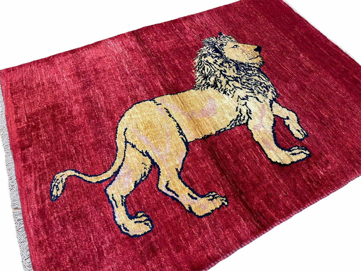 3 X 5 Handmade Hand-Knotted Quality Wool Rug New Vintage Lion Red Pictorial - Jewel Rugs, view 2