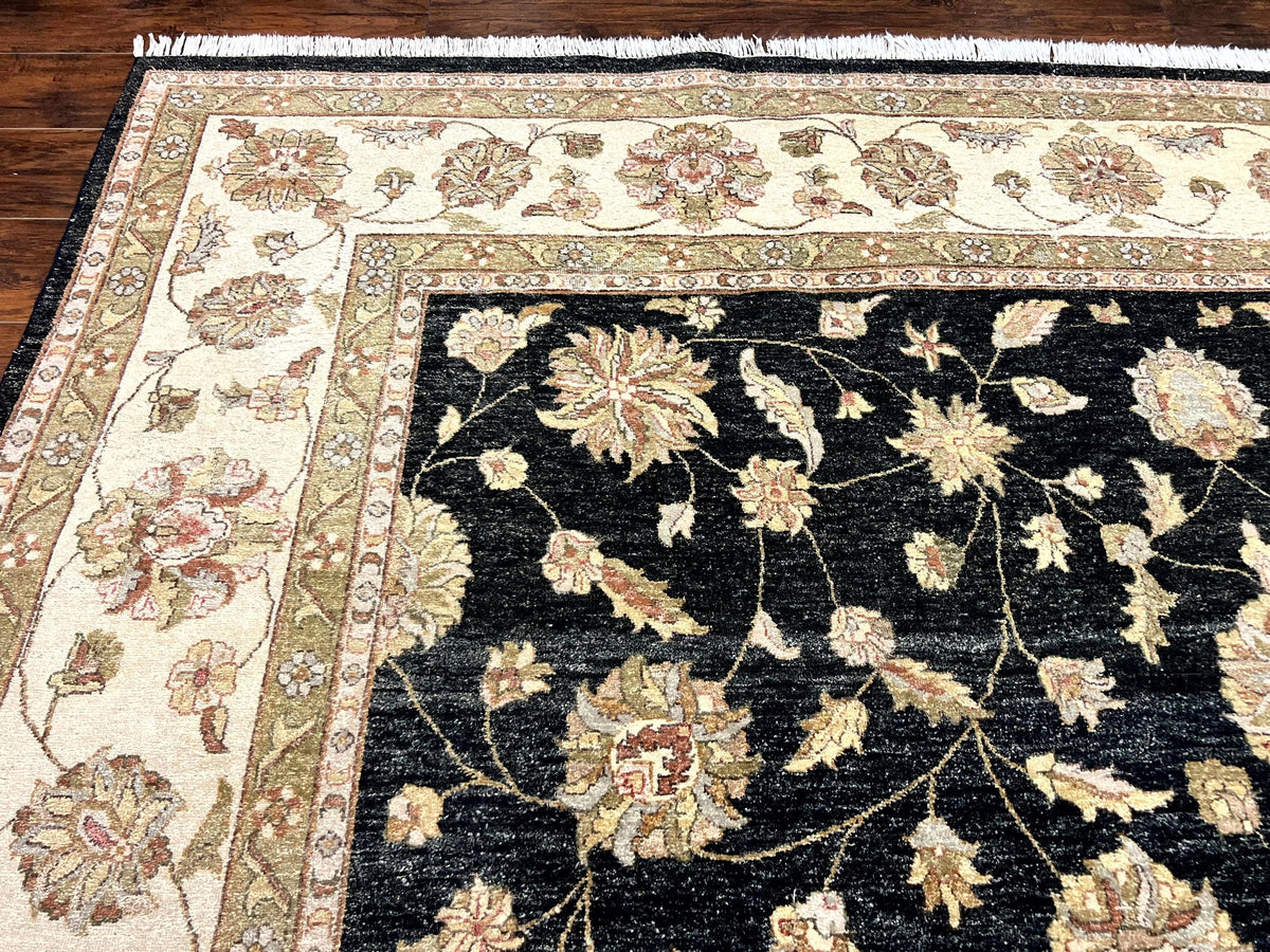Indo Persian Rug 10x14, Charcoal and Beige, Floral Allover, Handmade Vintage Wool Carpet - Jewel Rugs, view 7