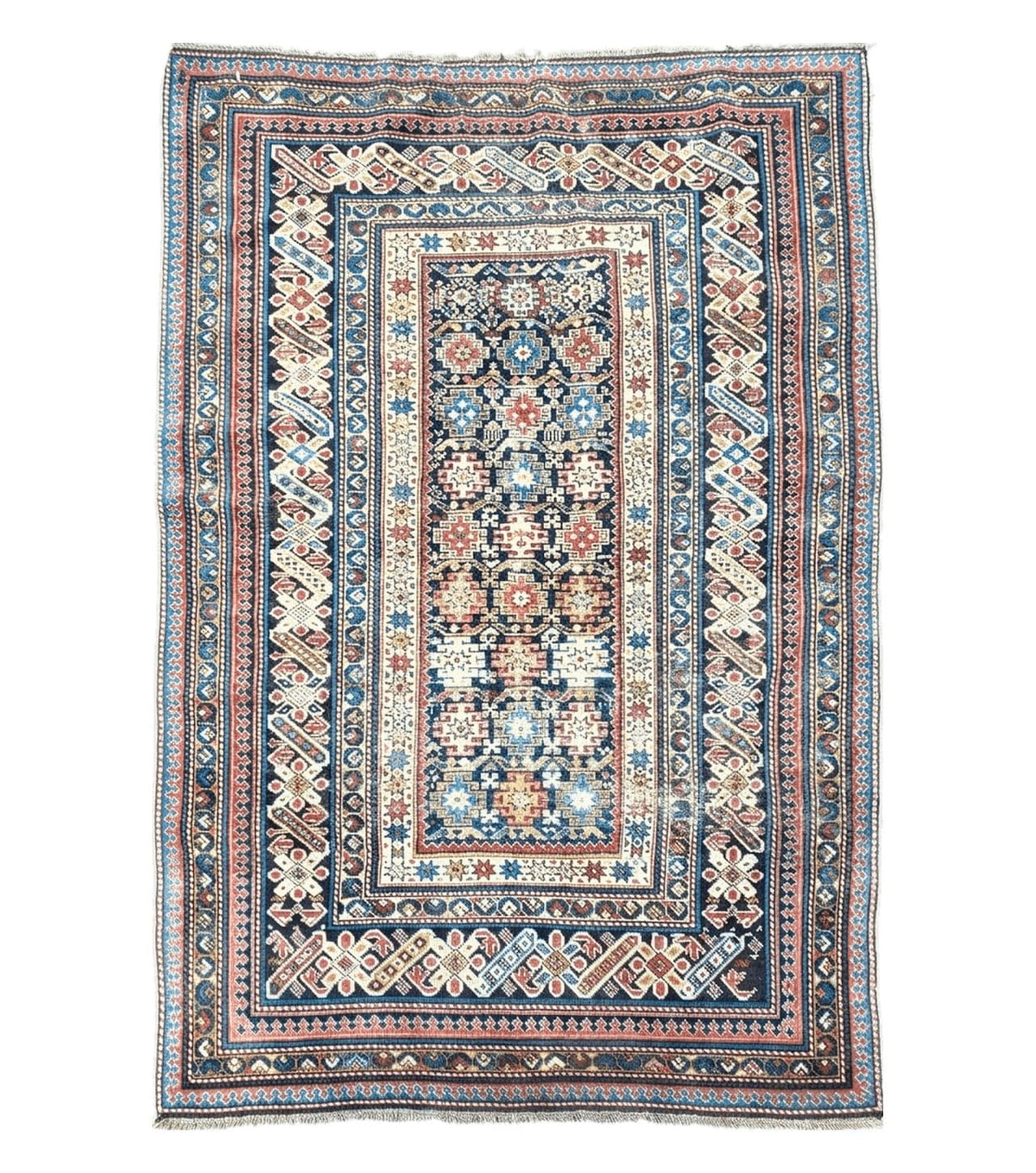 Caucasian Rug 3'9" x 5'7", Antique 1920s Collectible Caucasian Chi Chi Carpet, Hand Knotted, Colorful, Dark Blue Cream Red, Wool, Small Rug - Jewel Rugs