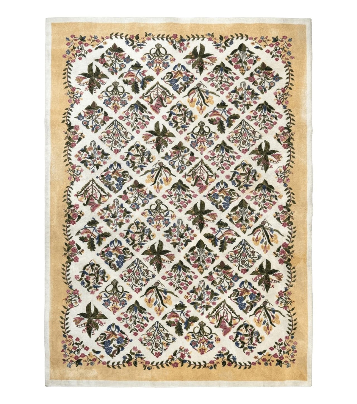 Power Loomed Rug 8x11, Ivory and Multicolor Floral Panel Pattern, Flowers, Butterflies, Vintage - Jewel Rugs