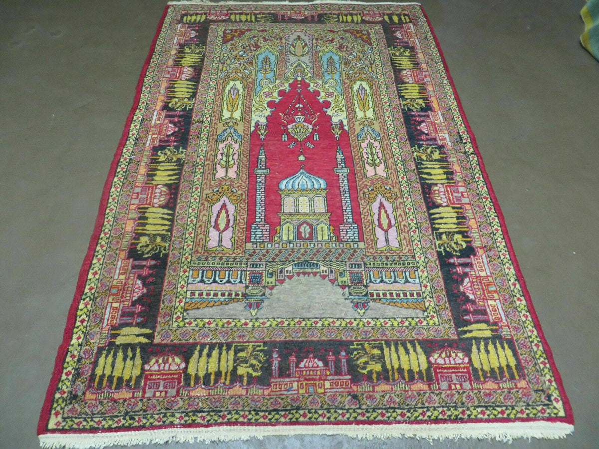 4' X 6' Antique 1920s Handmade Turkish Mehrab Design Wool Rug Lantern Beautiful - Jewel Rugs