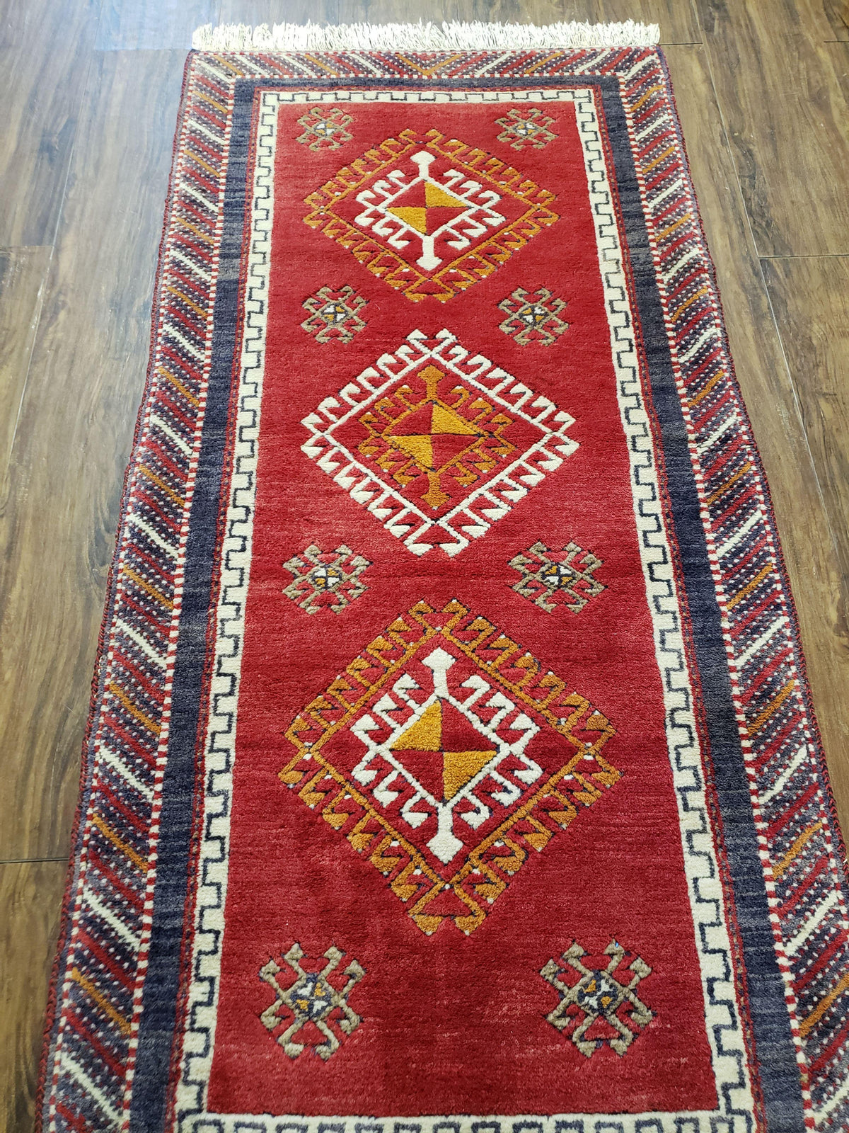 Vintage Turkish Kazak Rug 2.5 x 5 Red Wool Carpet Medallions Runner Geometric - Jewel Rugs, view 4