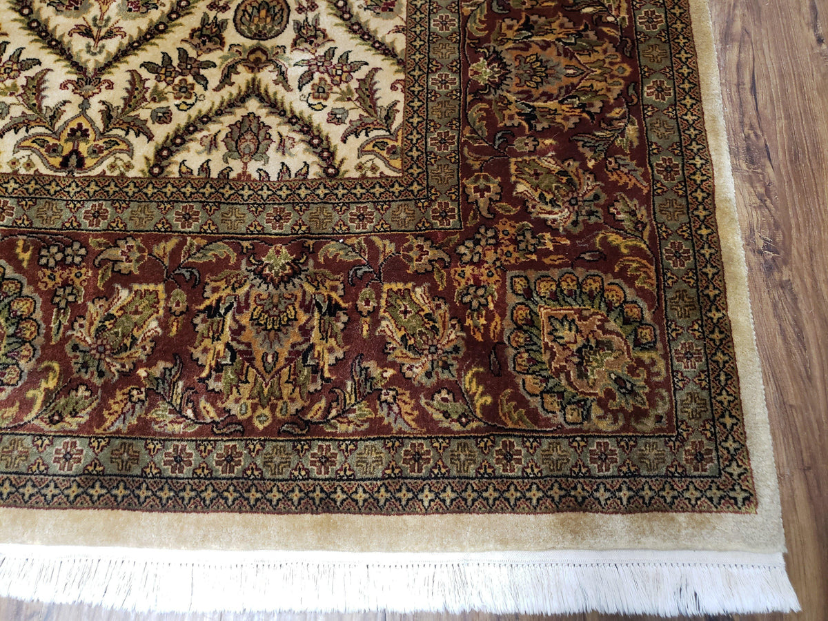 Vintage Indo Persian Area Rug 9x12, Wool Hand-Knotted Ivory & Dark Red Oriental Carpet, Fine Weave 9 x 12 Indian Rug, Dining Room Rug - Jewel Rugs, view 10