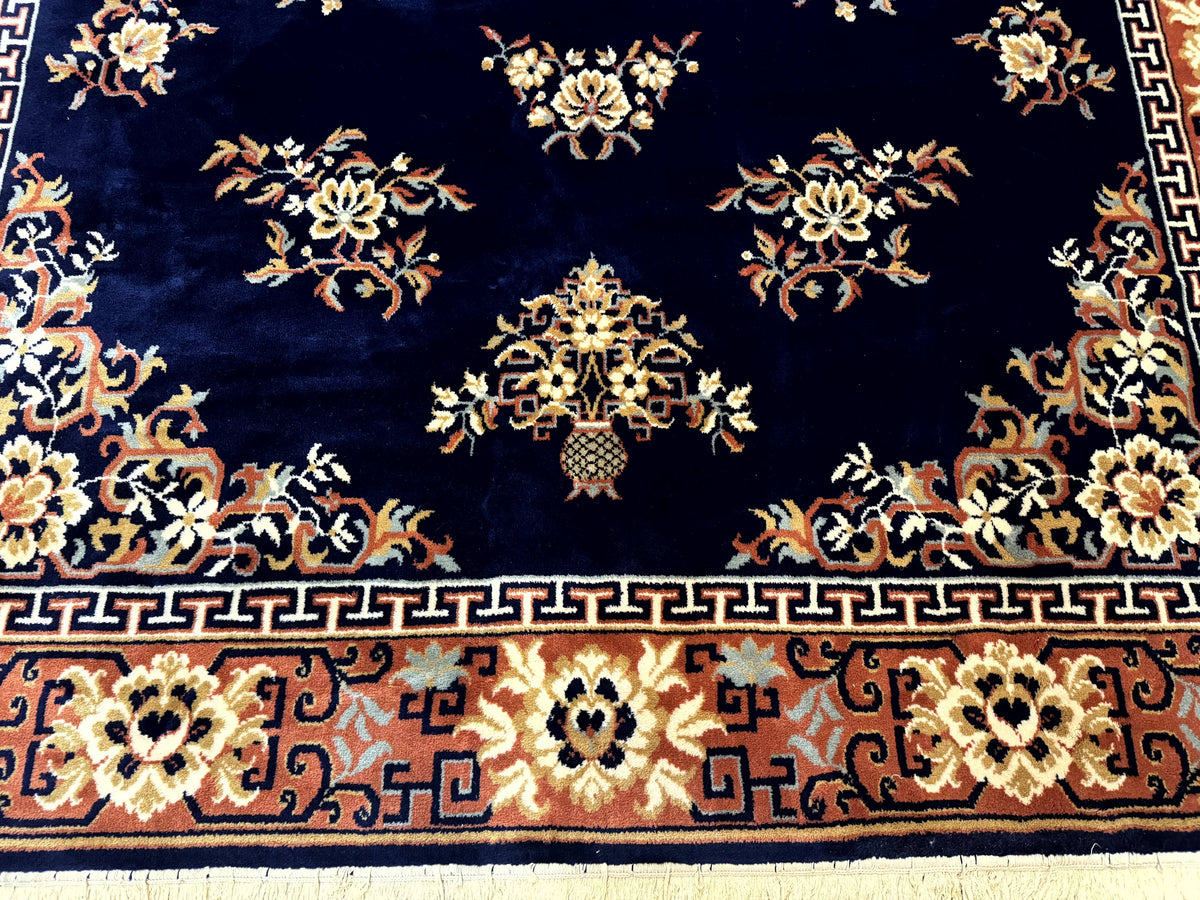 Chinese Wool Rug 8x11, Navy Blue and Terracotta, Floral, Couristan Belgium Power Loomed Carpet - Jewel Rugs, view 6