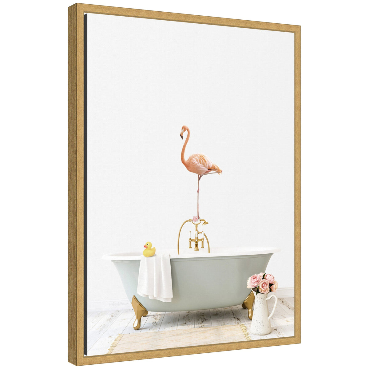 Sylvie Flamingo in Cottage Gray Bathtub Framed Canvas by Amy Peterson