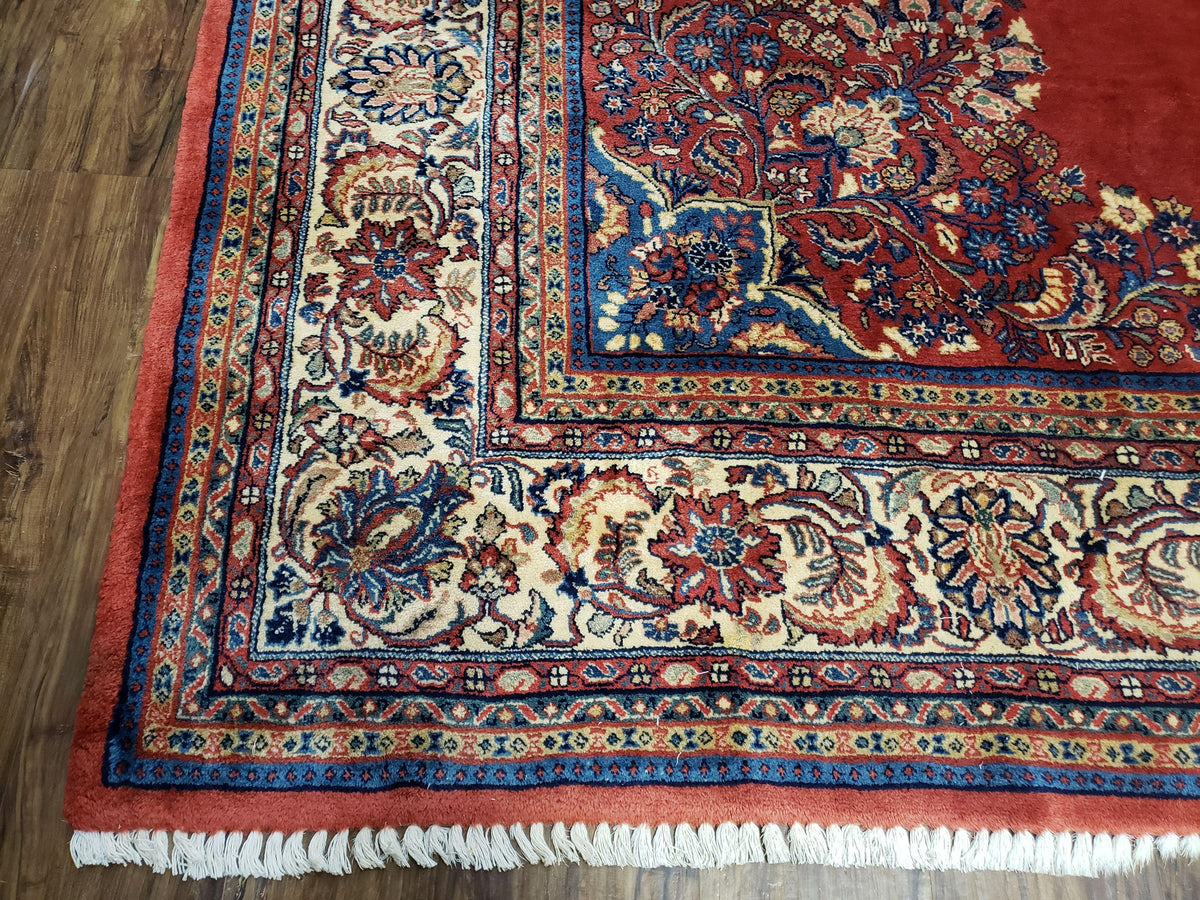 Semi Antique Persian Sarouk Rug 9x12,  Semi Open Field with Central Medallion, Hand Knotted Wool, Tomato Red, 9 x 12 Authentic Oriental Carpet - Jewel Rugs, view 9