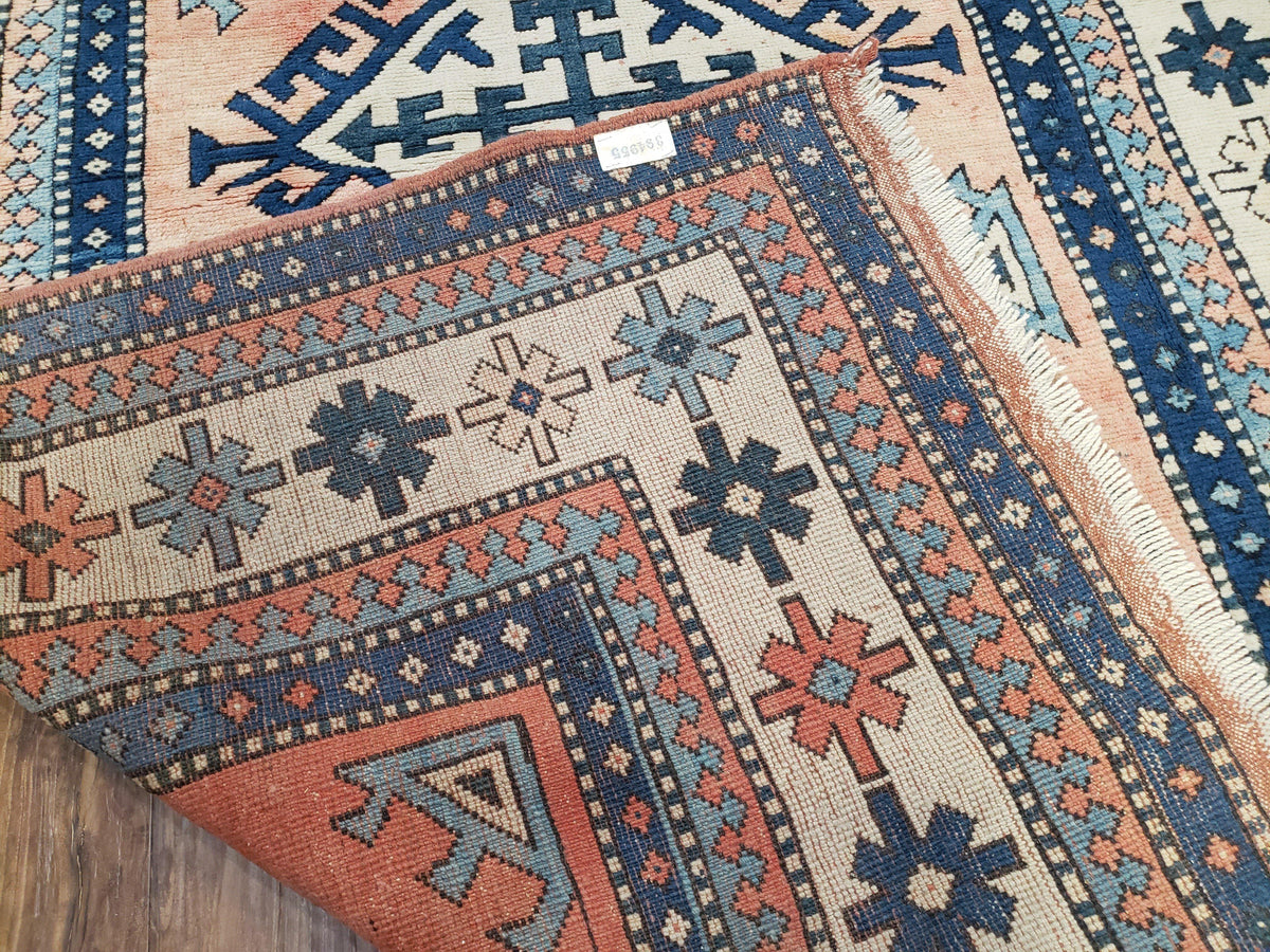 Turkish Kazak Rug 5x8 ft, Bold Geometric Bohemian Carpet, Blue and Ivory Hand Knotted Area Rug, Medium Sized High Quality Wool Oriental Rug - Jewel Rugs, view 11