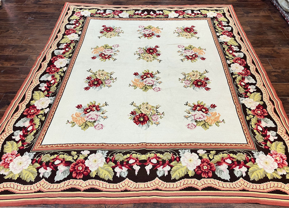 Portuguese Needlepoint Rug 8x9, Vintage Rug 8 x 9 ft, Ivory Dark Brown Hand-Woven Wool Portuguese Carpet, European Rug - Jewel Rugs, view 2